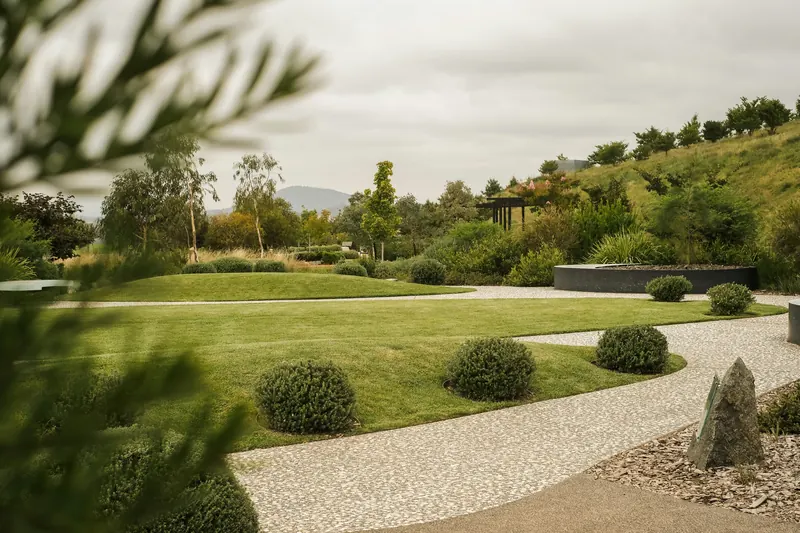 A wide green lawn bordered by shrubs and trees